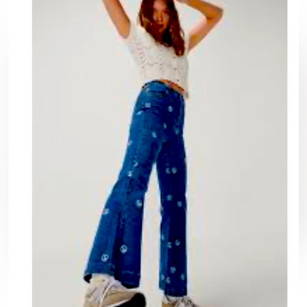 Ghanda Denim Jeans 8 Abbey High Rise Peace ☮️ Flare Medium Wash 70s Hippie NEW